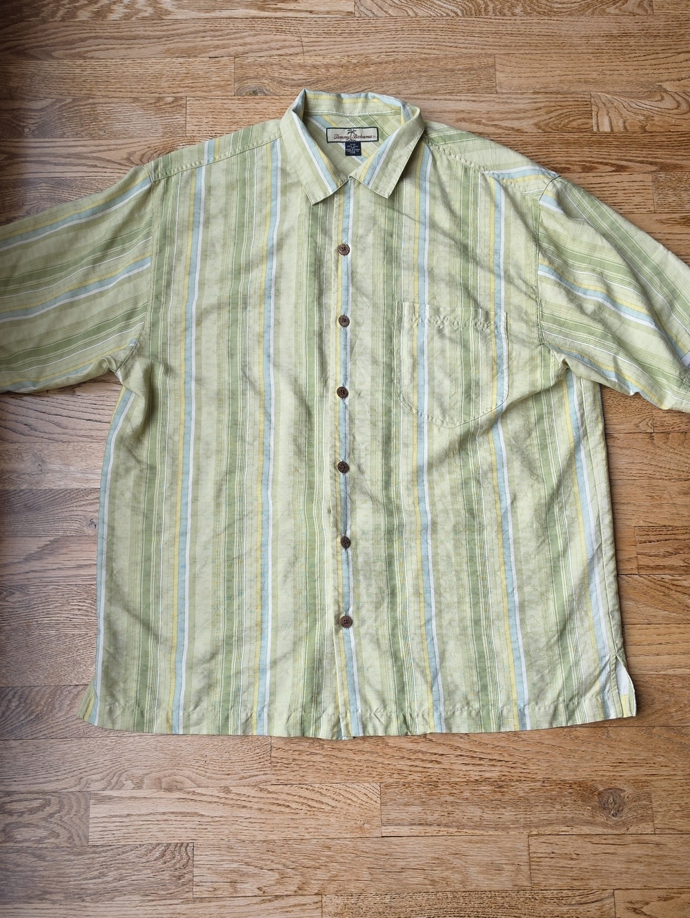 (M)Tommy Bahama Light Green Striped Short-Sleeve Button-Down Shirt Vacation Silk